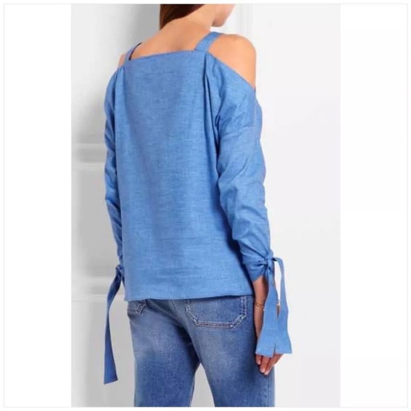 TIBI COLD SHOULDER TIE SLEEVE SQUARE NECK LS BLUE COTTON Denim BLOUSE Sz XS - Picture 2 of 8